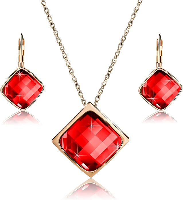 EVEVIC Square Austrian Crystal Necklace Earrings for Women Fashion 18K Gold Plated Hypoallergenic Jewelry Set