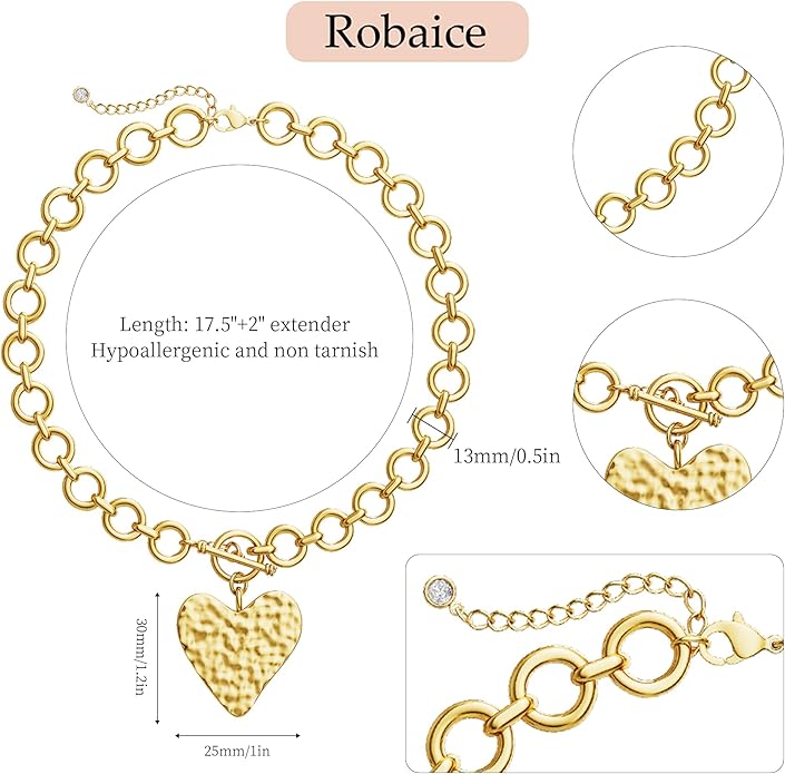 Chunky Gold Heart Necklace for Women，14K Gold Plated Puffy Heart Pendant Bold Chain Necklace with Toggle Clasp，Waterproof Non Tarnish Hypoallergenic Chunky Statement Jewelry Gift for Women