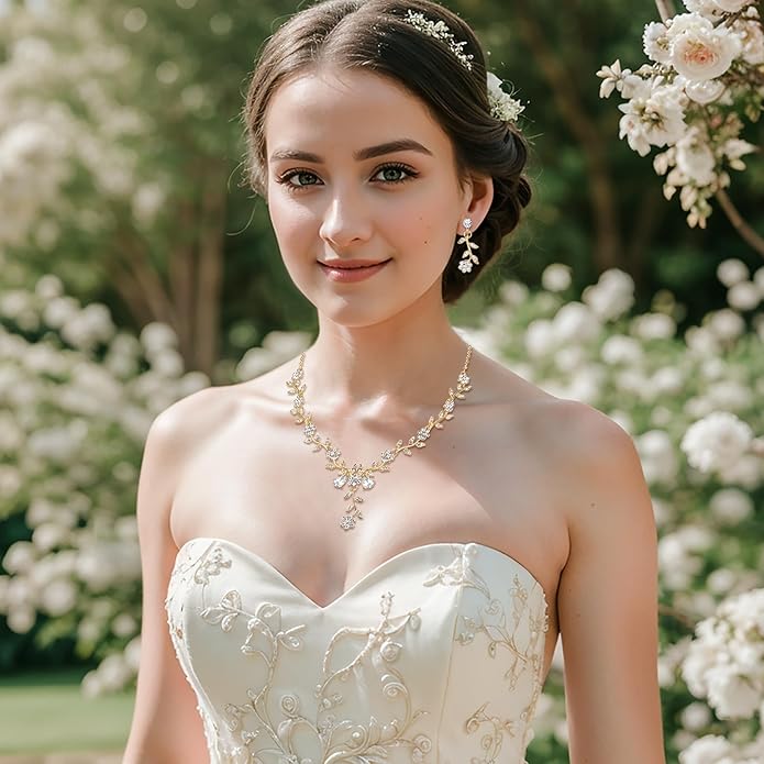 BriLove Women's Wedding Jewelry Leaf Cluster Flower Crystal Dangle Earrings Pendant Necklace Set for Bridal