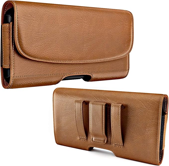 Holster for iPhone 16 16e Pro 15 14 13 12 11 10 XR Xs X, Samsung Galaxy S25 S24 S23 5G - Cell Phone Belt Holder Case with Clip - ID Card Magnetic Pouch - Brown