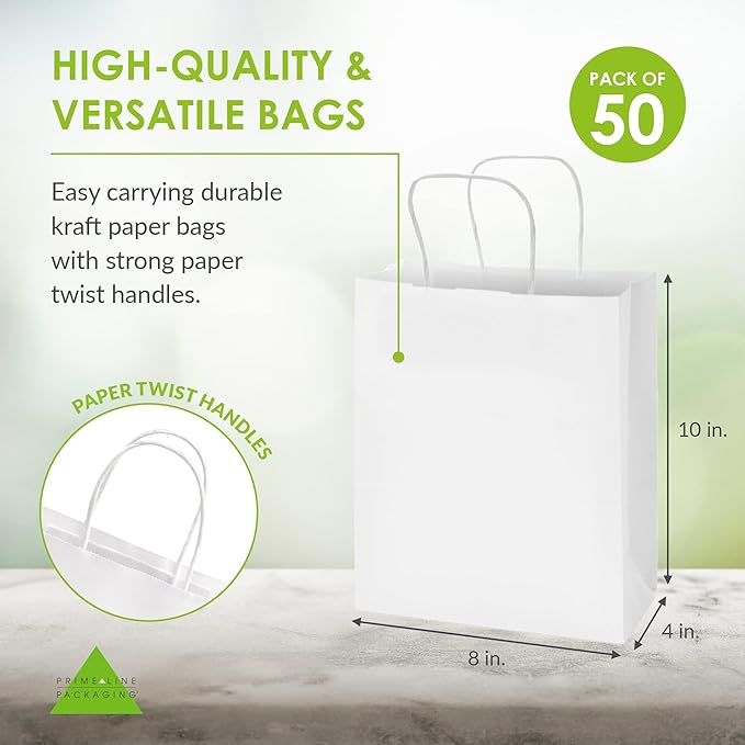 Prime Line Packaging 8x4x10 Small 50 Pack White Paper Bags with Handles, Shopping Bags for Small Business, Retail, Boutique, Party Favor Gift Bags Bulk