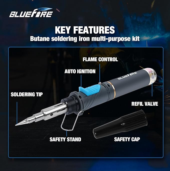BLUEFIRE MRT-1117K Cordless Butane Soldering Iron Kit Portable Multi-Purpose Mini Torch for Electronics, Jewelry, Welding & Brazing|Self-Igniting,Flame Control,Light Weight,Rapid Heat Up,Inflatable