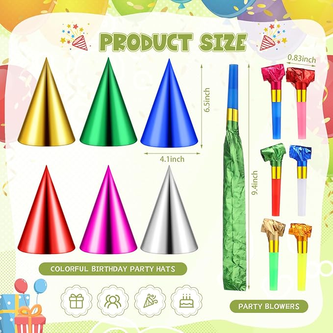 300 Pcs Birthday Party Cone Hats and Colorful Noisemakers Blowers Set Metallic Foil Paper Cone Hats Noisemakers Blow Whistle for Kids Children Adults Birthday Party Supplies