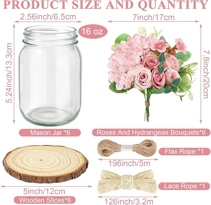 Set 6 Mason Jar Table Centerpiece - Wedding Centerpieces for Tables, Mason Jar Flower Centerpiece Vases Decor- Boho Farmhouse Rustic for Engagement, Bridal Shower, Wedding, Versatile Decor (Pink)