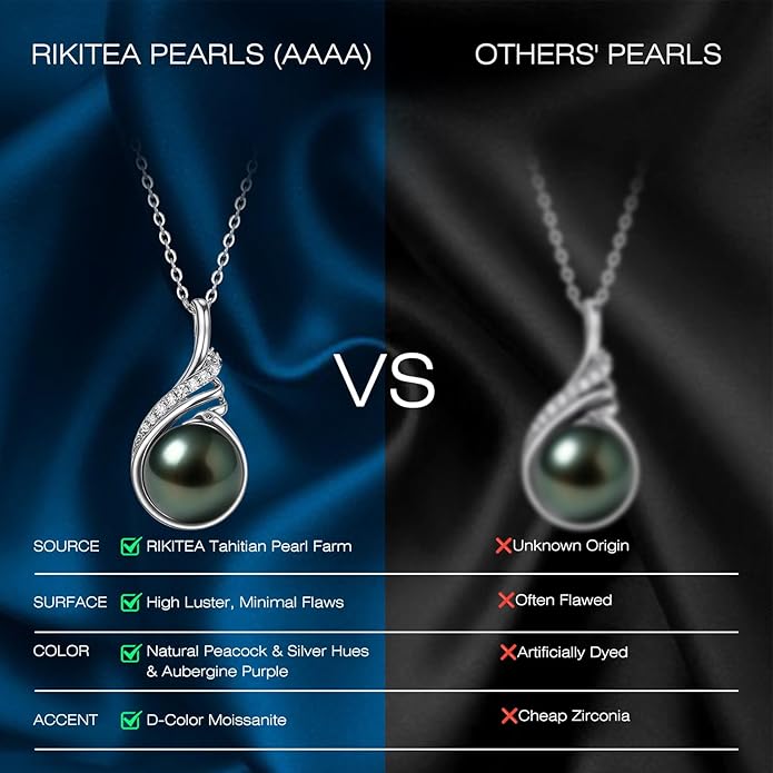 Genuine Tahitian Black Pearl Necklaces for Women, 9-12mm AAAA Seawater Pearl - Sterling Silver Moissanite Pendant, Wedding Anniversary, Birthday, Christmas Gift for Wife, Mom, Girlfriend, Fine Jewelry