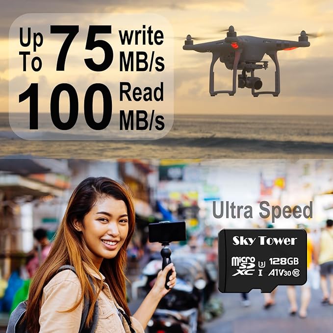 Sky Tower Ultra microSDXC microSDHC UHS-I Memory Card with Adapter [New Version] Flash Memory Card - Up to 100MB/s, U1, Class10, V10, A1, High Speed TF Card (128GB Micro SD Card 2 Pack)