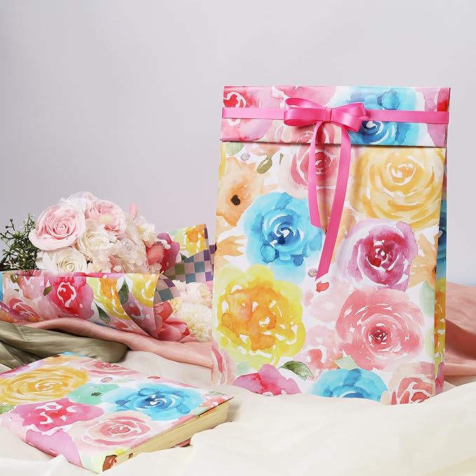 LaRibbons Reversible Floral Wrapping Paper Roll, 17 Inch x 33 Feet (46.7 Sq. Ft) Double-Sided Colorful Watercolor Rose and Colorful Checkered Design for Wedding, Mother’s Day, Bridal Shower, Easter