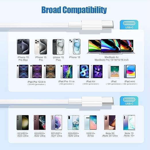 2-Pack 10FT 60W USB C to USB C Cable, Type C to Type C Cable,Fast Charging Cable Compatible with iPhone 15/Plus/15 Pro/Pro Max，Samsung Galaxy S23 S22, iPad Pro, MacBook Air and More