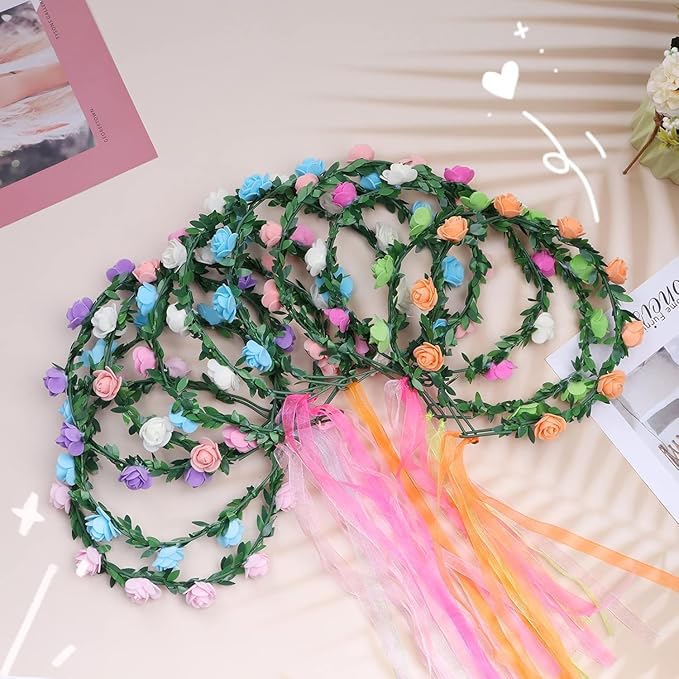 AmFor 11 Pcs Multicolor Rose Flower Wreath Crown Headband Garland Headpiece for Music Festival Celebration Beach Wedding Party