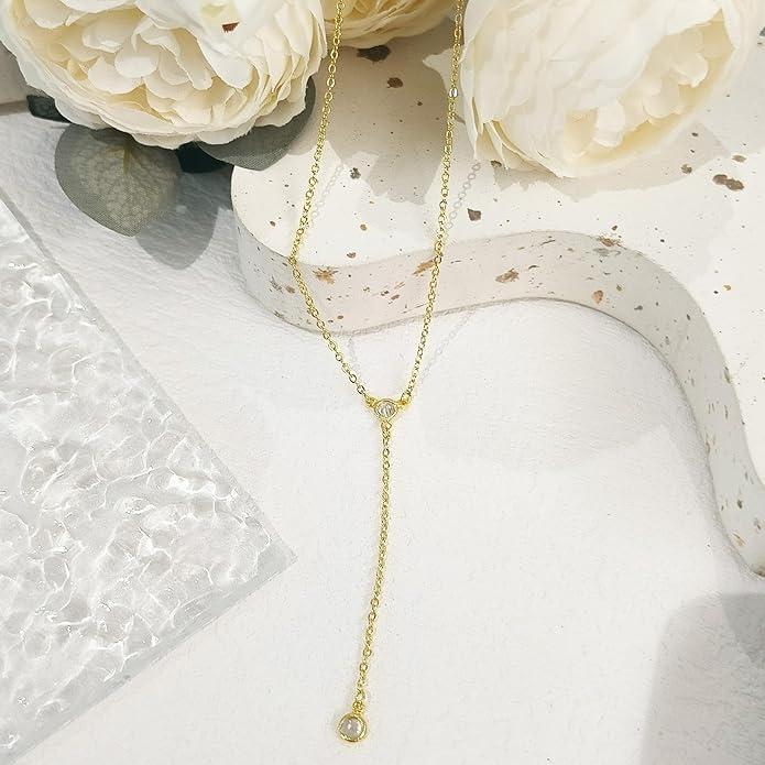 Lariat Gold Necklace for Women, Dainty Long Necklace 14k Gold Plated/Silver Y-Shaped Layered Beaded Chain Drop Necklaces for Women Trendy Simple Gold Jewelry for Women Gifts