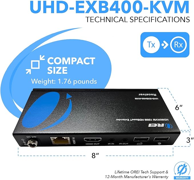 OREI 4K KVM HDMI Extender Over LAN HDBaseT PoC Single CAT5e/CAT6A/CAT7 Cable 4K 60Hz - Upto 400 feet 4:4:4 - Remote, Keyboard, Mouse, USB Control