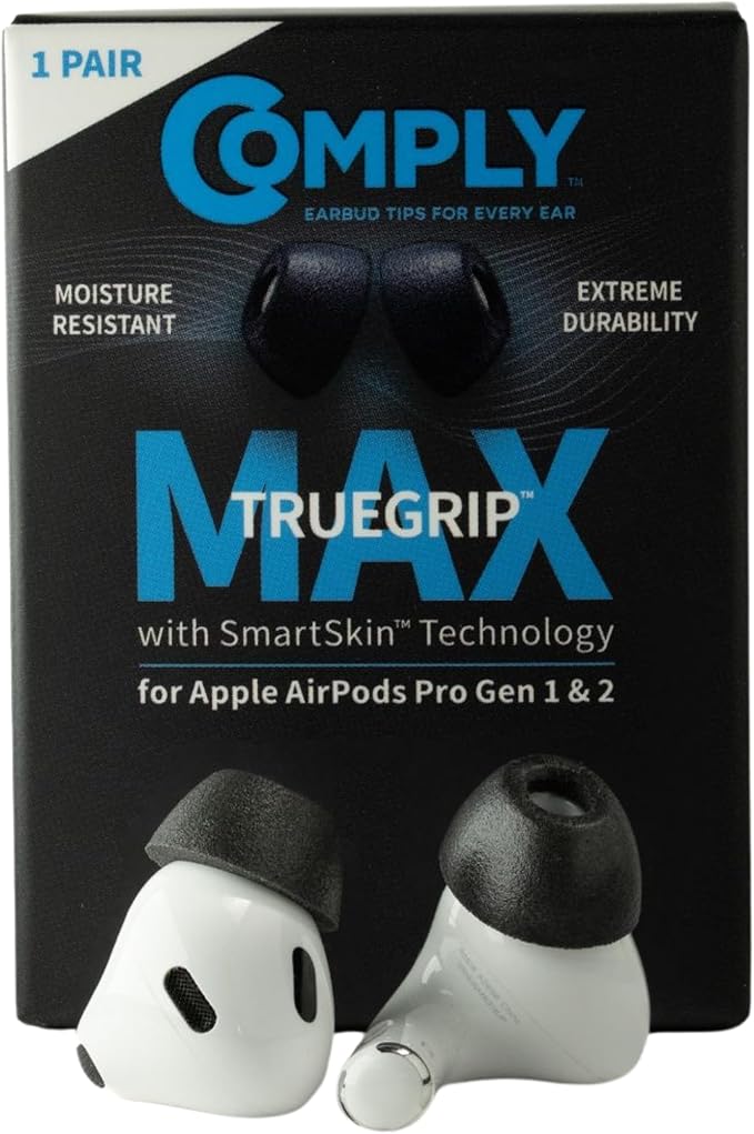 Comply TrueGrip MAX | Premium Memory Foam Replacement Earbud Tips for Apple AirPods Pro 1 & 2 | Long Lasting Comfort, Extreme Durability, Secure Fit, Superior Noise Isolation| Black (Small) (1 Pair)
