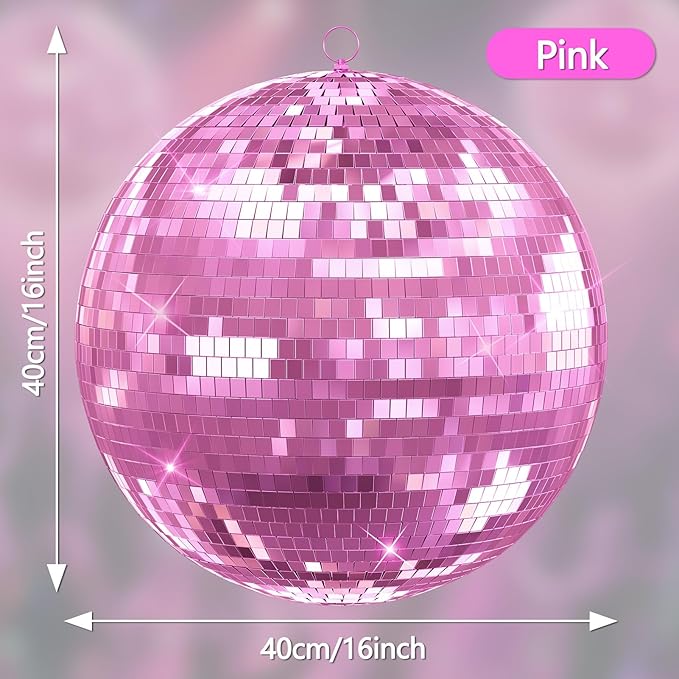 16 inch Pink Disco Ball, Hanging Mirror Ball, Wedding Decoration Disco Light Ball，Stage Lighting Effect ，12/16/20 inch Home、Stage and Bar Glittering Decoration (16inch-Pink)