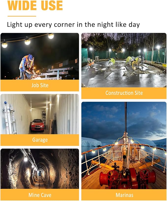 50FT Construction String Light 65W 8000Lm, 5000K Industrial Grade LED String Work Lights, IP65 Waterproof Temporary Lighting for Construction Sites, Renovation, Mine Cave, Job Site, Walkways