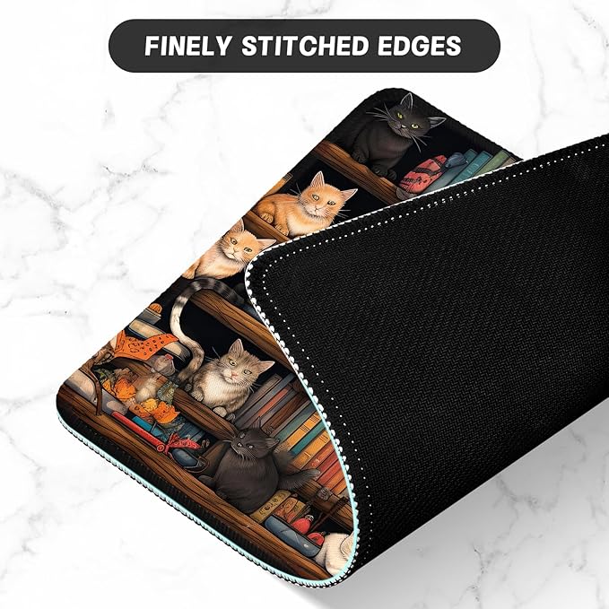 ITNRSIIET Mouse Pad with Stitched Edge Premium Textured Smooth Precise Operation Waterproof Washable Non-Slip Rubber Base Desktop Protection Mat, 10.2×8.3×0.12 inches, Cat on The Desk