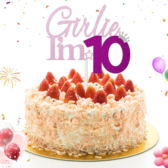 Girlie I'm 10 Cake Topper, 10th Birthday Decorations for Girl, Glitter Funny 10th Birthday Cake Topper, Girlie 10 Year Old Birthday Party Decoration Supplies