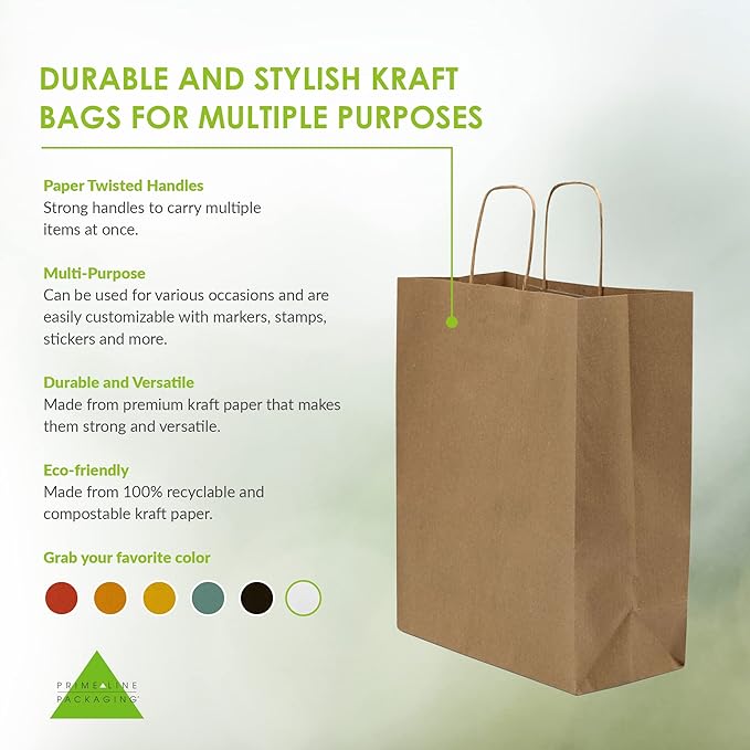 Prime Line Packaging Kraft Paper Bags, Brown Gift Bags with Handles, Small Craft Shopping Bags in Bulk for Boutiques, Small Business, Retail Stores, Gifts & Merchandise, Brown, 8x4x10 Inch, 8x4x10