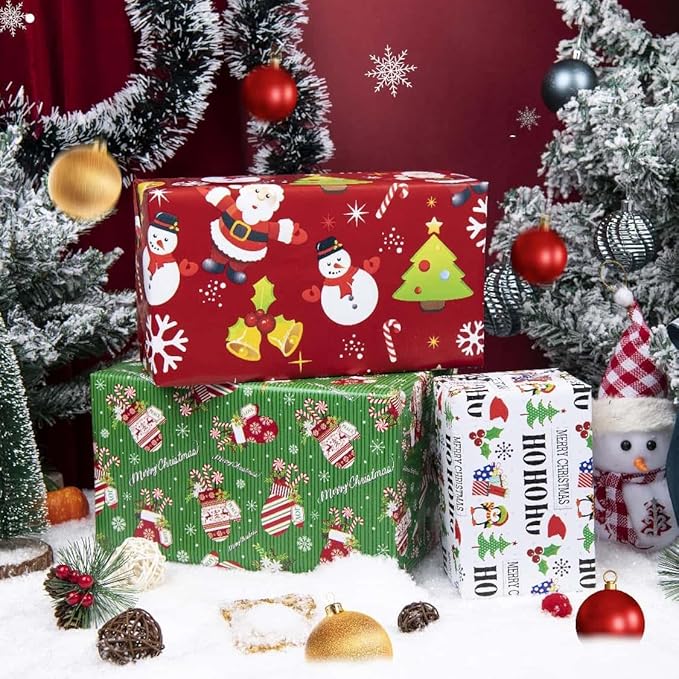 Linnoptimix Christmas Wrapping Paper Rolls -White Red Green Wrapping paper 3 LARGE ROLL-27inch*78 inch per roll Colorful (Christmas White/Red/Green（006）)