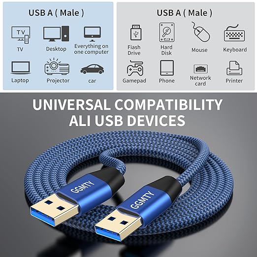 USB to USB Cable 3FT,Durable Braidedfor USB 3.0 Male to Male Type A to Type A Cable Data Transfer Compatible with Hard Drive, Laptop, DVD Player, TV, USB 3.0 Hub, Monitor, Camera