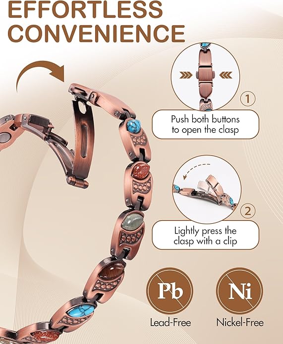Feraco Pure Copper Bracelets for Women, Ultra Strength Magnetic Bracelet with 3800 Gauss Magnets & Natural Turquoise & Stones, Adjustable, Jewelry Gift
