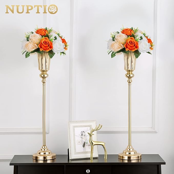 NUPTIO Flower Balls for Wedding Centerpieces: 9.5 Inch Diameter Orange Artificial Flower Ball Arrangement Bouquet Fall Party Table Decor - Fake Rose Autumn Weddings 2 Pcs