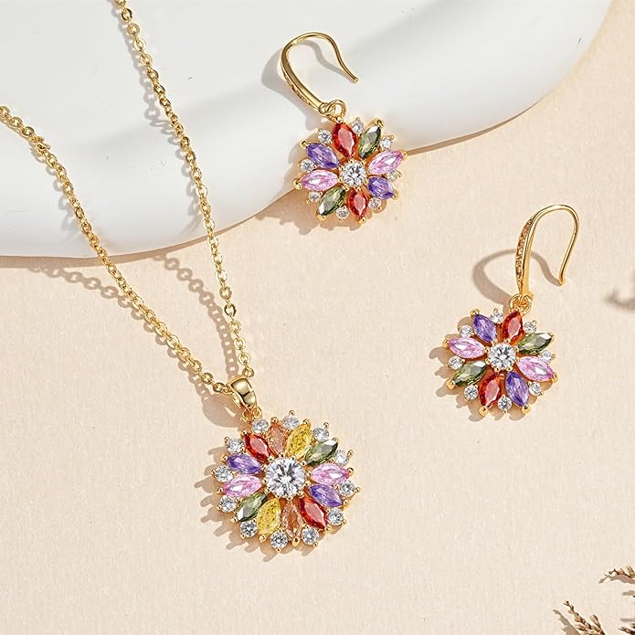 VONSSY Colorful Snowflake Pendant Necklace Earrings Rose Gold 5A Cubic Zirconia | Crystal Sweater Chain | Multi Gemstone Garnet Amethyst Morganite Peridot Prom Rhinestone Necklaces for Women Vintage Stylish Gift