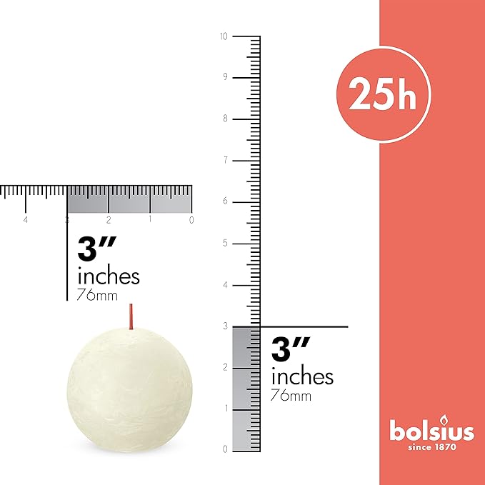 BOLSIUS 3 Pack Ivory Rustic Ball Pillar Candles - 3 Inch - Premium European Quality - Includes Natural Plant-Based Wax - Unscented 25 Hour Party Décor and Wedding Candles