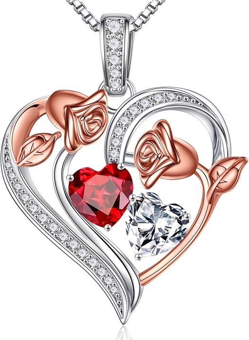 Iefil Valentines Day Gifts for Her - 925 Sterling Silver Rose Heart Necklace, Birthstone Jewelry, Anniversary Birthday Gifts for Wife Girlfriend Mom Daughter