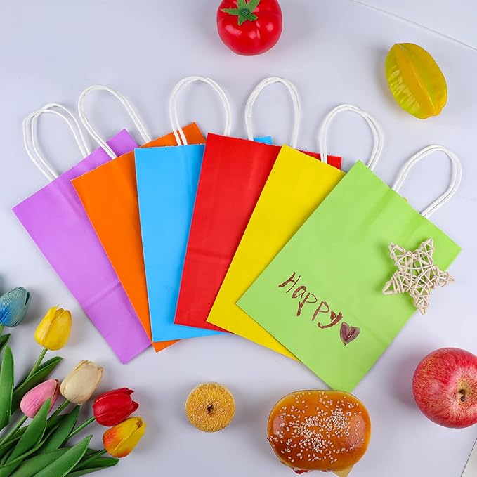 XPCARE 200Pcs Paper Gift Bags, 6.3"x3.15"x8.66" Kraft Paper Party Favor Bags Bulk Rainbow Goodie Bags Small Gift Bags with Handles for Kids Birthday Baby Shower Crafts Wedding Supplies (6 Colors)
