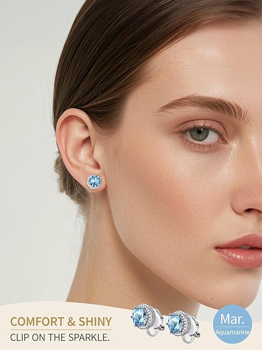 FindChic Sparkling Birthstone Clip On Earrings for Women, Silver Plated Stud Earrings 8MM Cubic Zirconia Non Pierced Studs, 12 Months Birthday Jewelry Gift