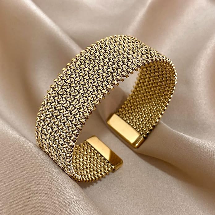 hotoo Gold Open Cuff Bangles Wide Woven Bracelets For Women Stainless Steel Stackable Jewelry For Xmas Birthday Gifts