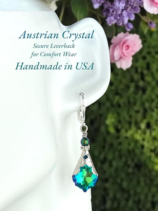 Antique Inspired Vintage Victorian Dangle Drop Earrings for Women - Colored Austrian Crystal Leverback Earrings - Jewelry Gift for Her