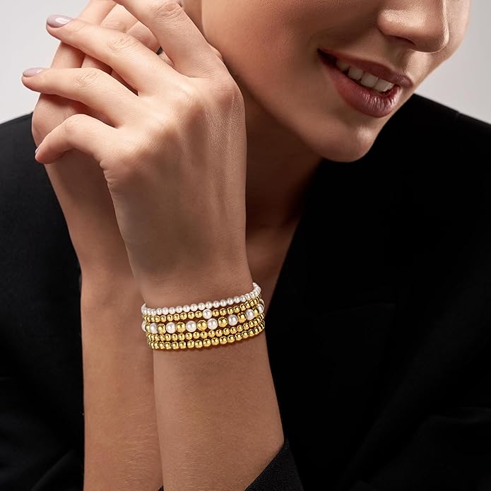 Gold Bead Bracelets for Women Girls - 14K Gold Plated Dainty Round Bead Ball Pearl Cross Bracelet Stack for Women Teenage Girls Stackable Jewelry Christmas Gifts