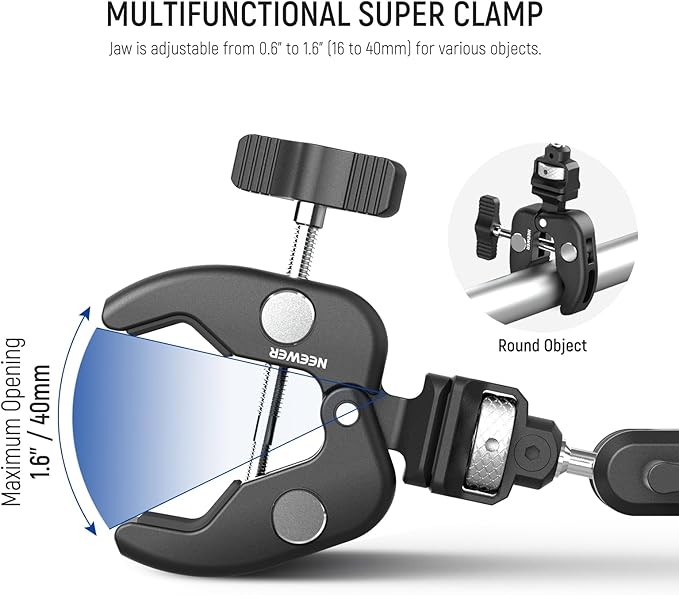 NEEWER Double Super Clamp Camera Mount with Magic Arm, NATO Interface, Cold Shoes, 1/4" Locating Holes for ARRI, Desk Studio Photography Light Stand Pole Cross Bar Umbrella Holder Clamp Mount, UA060