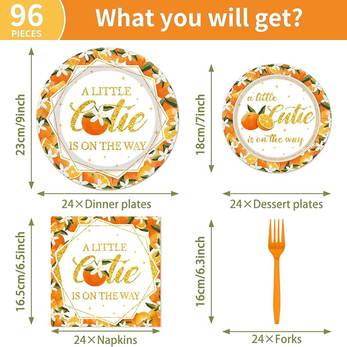 Little Cutie Baby Shower Decorations - 96PCS A Little Cutie Is on the Way Plates and Napkins Party Supplies Orange Tangerine Citrus Baby Shower Disposable Paper Tableware Set Serves 24 Guests