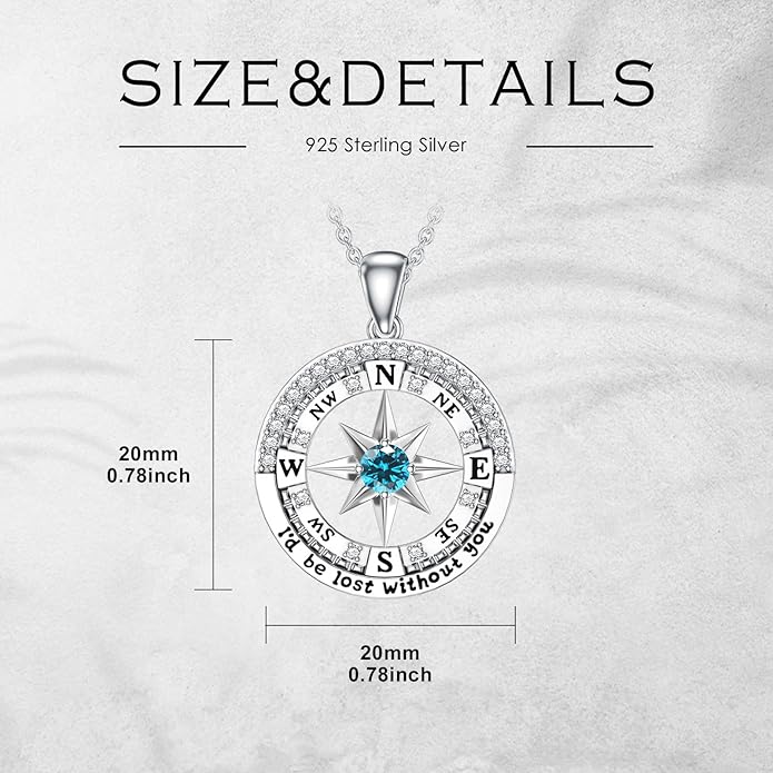 Compass Birthstone Necklace Gift for 2025 Graduation 925 Sterling Silver Compass ‘I'd be Lost Without You’ Pendant Necklaces Jewelry for Women Her Wife Gift for Birthday Anniversary