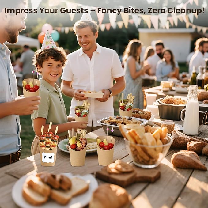 50 Pack 14oz Charcuterie Cups with Sticks and Bags, Brown Paper Charcuterie Cup, 200 Picks+50 Bags+50 Labels, Disposable Snack Cups for Parties, Weddings, Picnics, Appetizers & French Fries