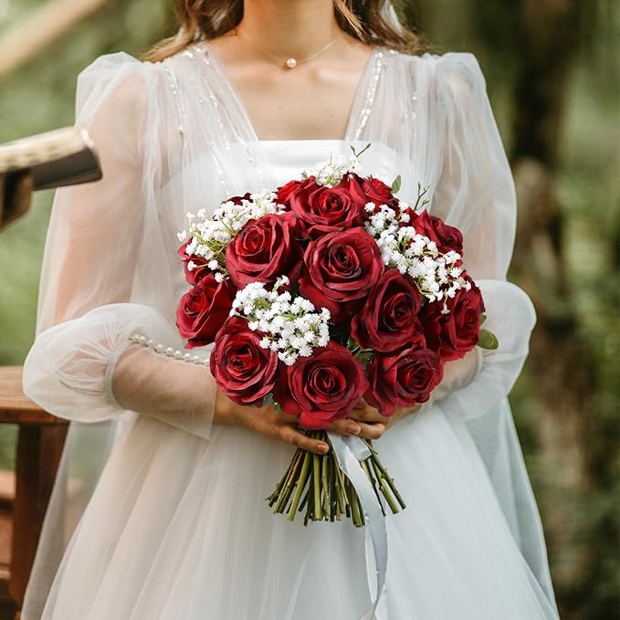 Tifuly 100 Pcs Red Roses Artificial Flowers Bulk, Realistic Long Stem Fake Silk Roses Bouquet for Wedding Centerpiece Table Vases Party Home Kitchen Decor（Burgundy）
