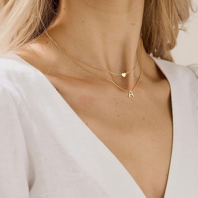 MOMOL 18K Gold Plated Stainless Steel Layered Heart Initial Necklace Personalized Tiny Letter Choker Necklace Monogram Name Necklace for Women