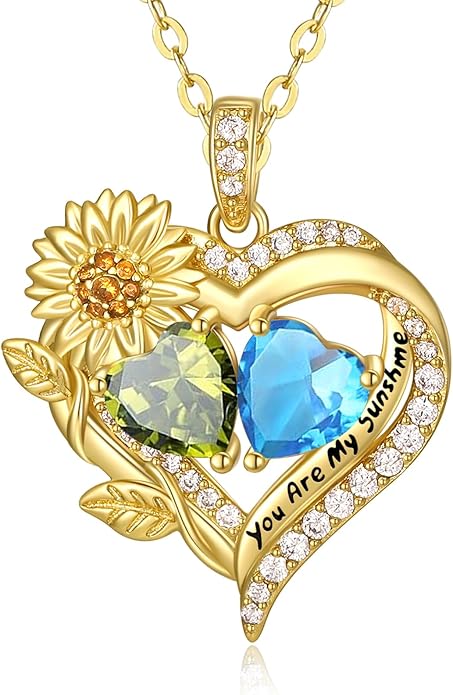 Sunflower Heart Necklace for Women 14K Gold Exquisite Valentines Day Anniversary Birthday Gifts for Wife Mother Her Double Birthstone Pendant Jewelry‘You Are My Sunshine’