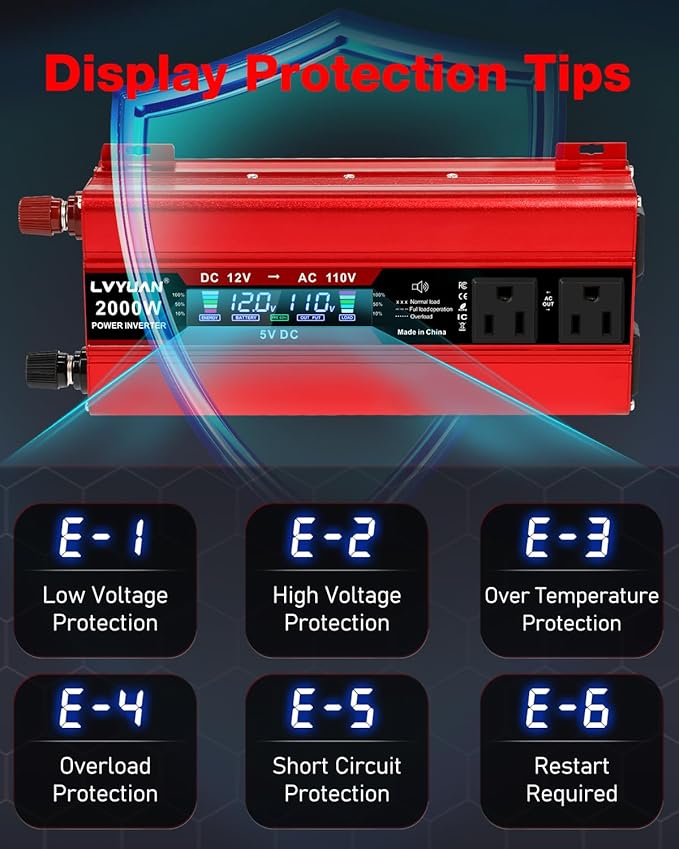 LVYUAN 1000W Car Power Inverter 12V to 110V DC to AC with 4 US Sockets, Cigarette Lighter, LCD Display, USB Ports for Car, Home,Outdoor, Camping