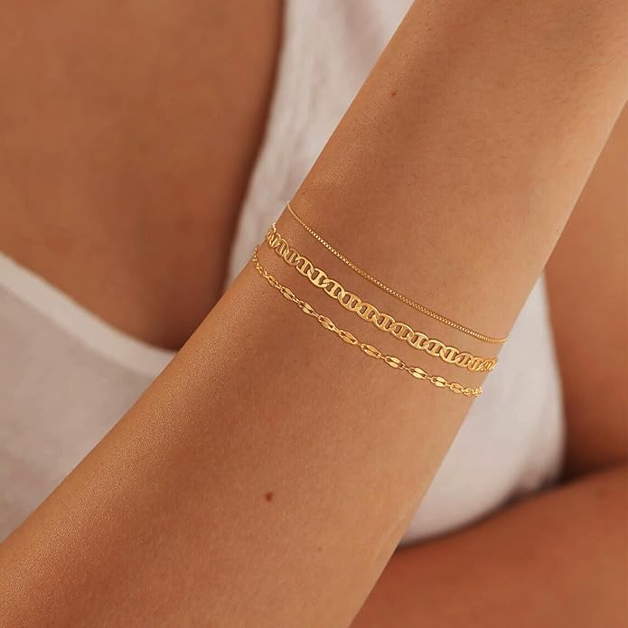 MBW Gold Bracelets for Women Trendy, Dainty 14K Gold Plated Bracelet Stack Beaded Chain Bracelet Set Thin Small Cute Paperclip Bracelets Fashion Waterproof Jewelry Gift Gold Accessories for Women