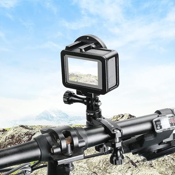 PULUZ Bike Motorcycle Handlebar Mount, 360 Degree Rotation Aluminum Bicycle Moto Camera Mount for GoPro Hero 12 11 10 9 8 7 6 & DJI Osmo Action