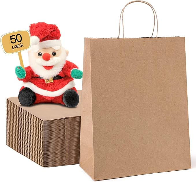 METRONIC Brown Paper Bags 10x5x13 50Pcs,Kraft Gift Bags Medium Size with Handles, Craft Paper Wrap Bag Bulk for Shopping Birthday Party Favors Grocery Retail Goody Business