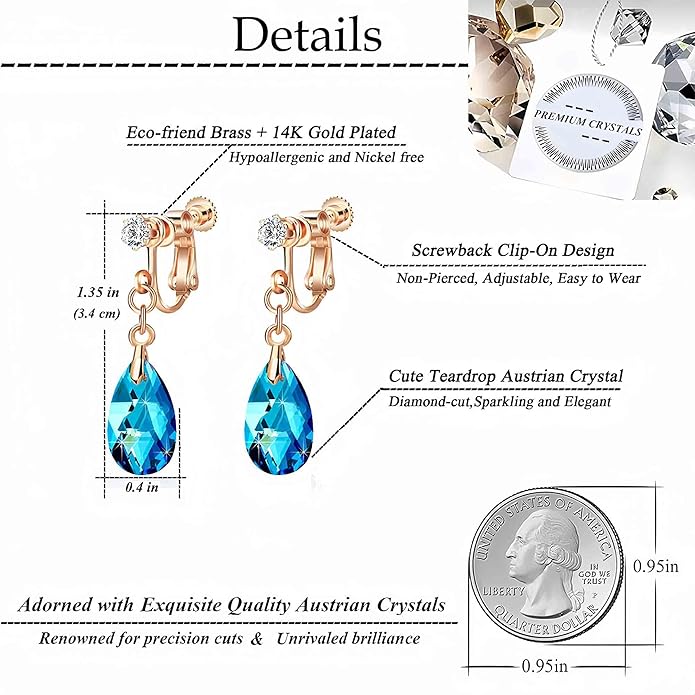 Teardrop Austrian Crystal Drop Clip On Dangle Earrings for Women Non Pierced 14K Rose Gold Plated Hypoallergenic Jewelry