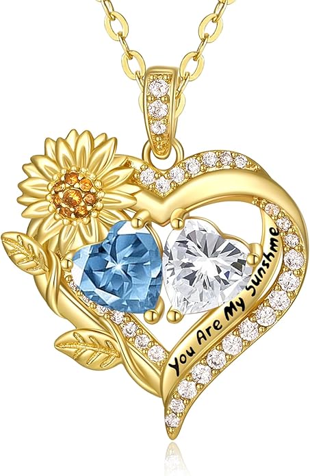 Sunflower Heart Necklace for Women 14K Gold Exquisite Valentines Day Anniversary Birthday Gifts for Wife Mother Her Double Birthstone Pendant Jewelry‘You Are My Sunshine’