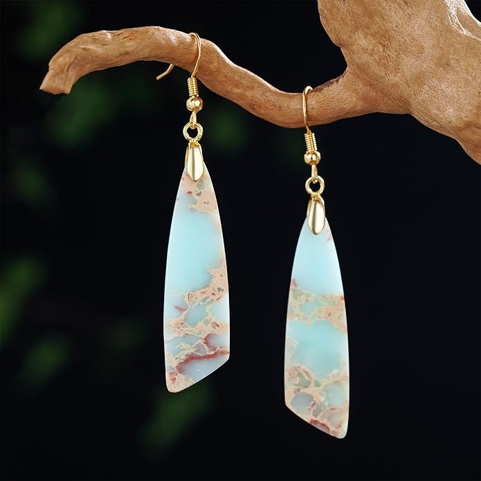 Boho Women Natural Stone Earrings Unique Healing Imperial Jasper Gemstone Energy Hypoallergenic Lightweight Dangle Drop Earrings Multiple Styles Earrings Jewelry for Birthday Party Gift