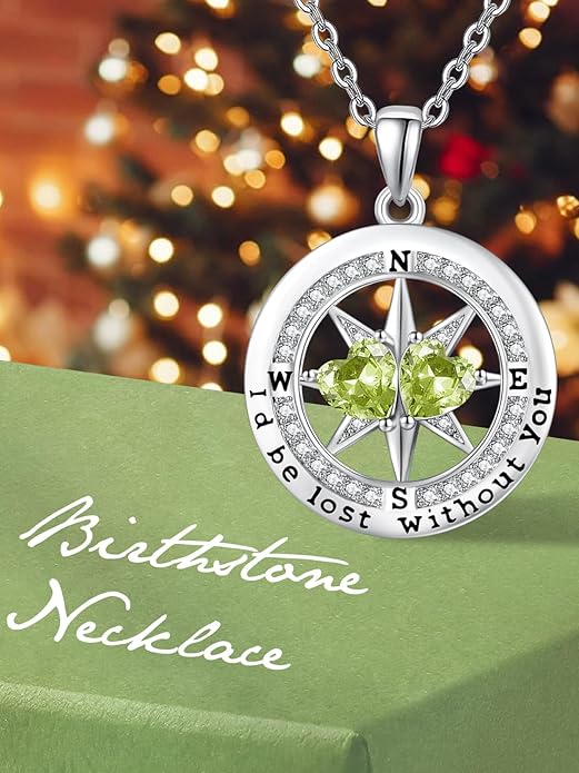 Compass Necklace for Women, Exquisite S925 Valentines Day Anniversary Birthday Gifts for Wife Her Double Birthstone Pendant Jewelry ‘I'd be Lost Without You’