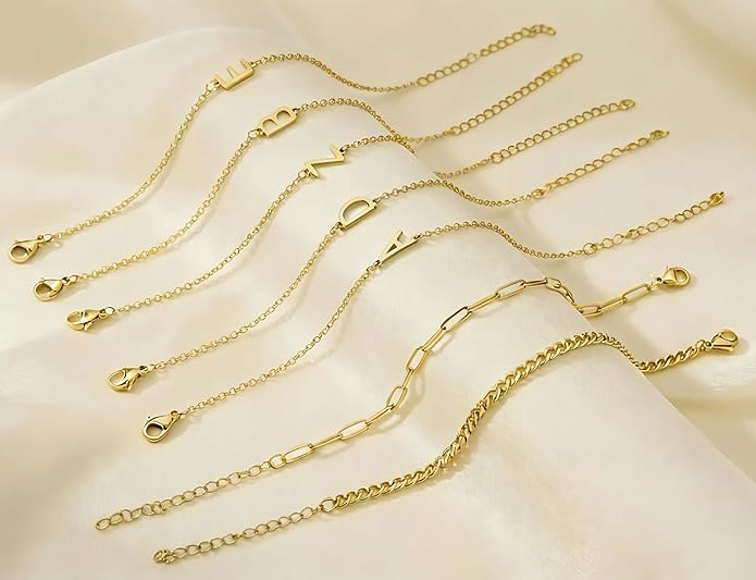 14K Gold Plated Bracelets for Women, A–Z Initial Charm Bangles Jewelry Set, Elegant Gold Accessories, Friendship Bracelet Gifts for Mom