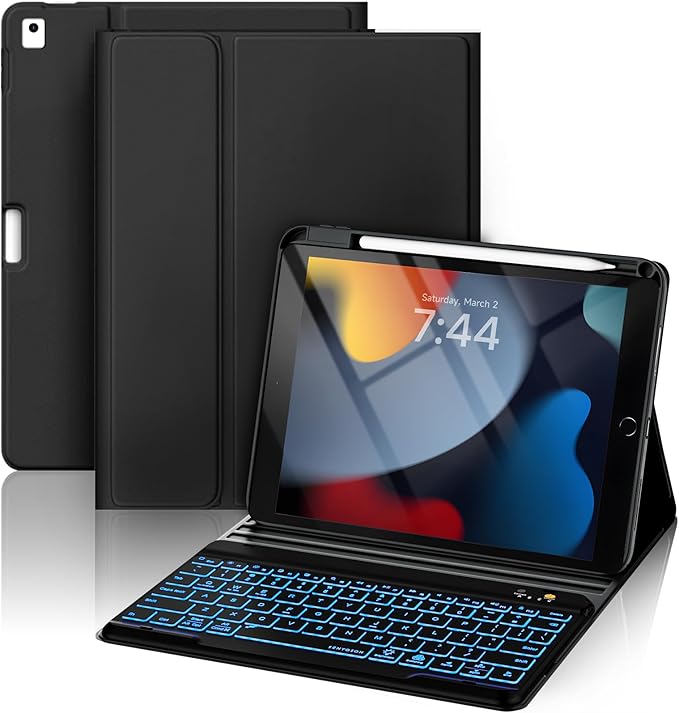 OYEEICE for iPad 9th Generation Case with Keyboard 10.2'' - 7 Color Backlit Wireless Keyboard Cover with Pencil Holder for iPad 9th/8th/7th Gen 10.2 inch, iPad Air 3rd Gen & iPad Pro 10.5" - Black